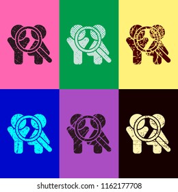 Human resources. Search teamgroup. Man, woman and magnifying symbols. Pop art style. Scratched icons on 6 colour backgrounds. 