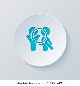 Human resources. Search teamgroup. Man, woman and magnifying symbols. Cut circle with gray and blue layers. Paper style
