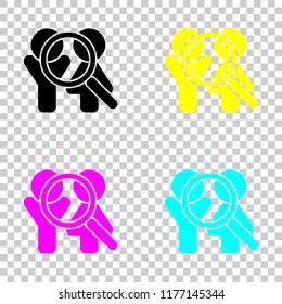 Human resources. Search teamgroup. Man, woman and magnifying symbols. Colored set of cmyk icons on transparent background