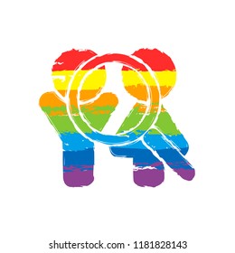 Human resources. Search teamgroup. Man, woman and magnifying symbols. Drawing sign with LGBT style, seven colors of rainbow (red, orange, yellow, green, blue, indigo, violet