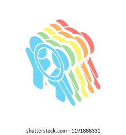 Human resources. Search teamgroup. Man, woman and magnifying symbols. Stack of colorful isometric icons on white background