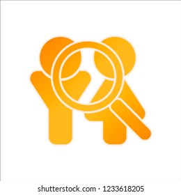 Human resources. Search teamgroup. Man, woman and magnifying symbols. Orange sign with low light on white background
