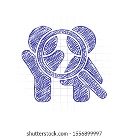 Human resources. Search teamgroup. Man, woman and magnifying symbols. Hand drawn sketched picture with scribble fill. Blue ink. Doodle on white background