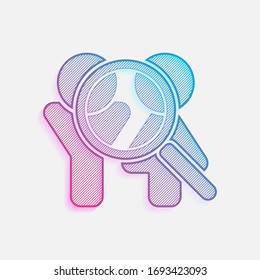 Human resources. Search teamgroup. Man, woman and magnifying symbols. Colored logo with diagonal lines and blue-red gradient. Neon graphic, light effect