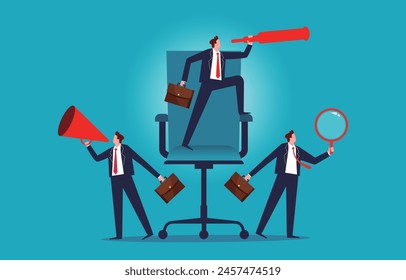 Human resources, searching for candidates or job ads, looking for career or business opportunities, businessmen with binoculars, magnifying glasses, megaphones standing by their office chairs