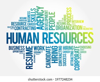 Human Resources - set of people who make up the workforce of an organization, business sector, industry, or economy, word cloud text concept background