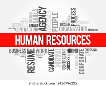 Recursos Humanos - conjunto de personas que conforman la fuerza laboral de una organización, sector empresarial, industria o economía, concepto de nube de palabras de fondo