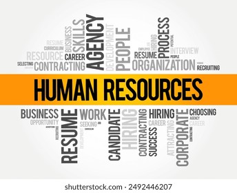 Human Resources - set of people who make up the workforce of an organization, business sector, industry, or economy, word cloud text concept background