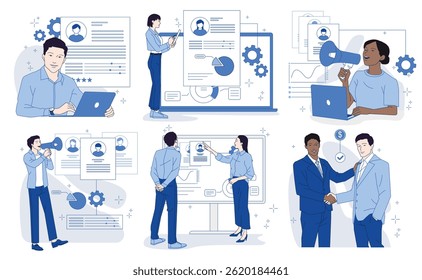Human resources. Set of scenes with HR staff reviewing resumes and announcing recruitment for vacancy. Hiring employee. Hand drawn outline vector illustration collection isolated on background