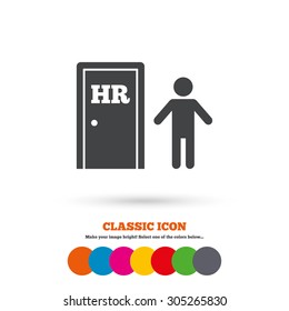 Human resources sign icon. HR symbol. Workforce of business organization. Man at the door. Classic flat icon. Colored circles. Vector