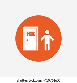 Human resources sign icon. HR symbol. Workforce of business organization. Man at the door. Orange circle button with icon. Vector
