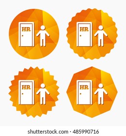 Human resources sign icon. HR symbol. Workforce of business organization. Man at the door. Triangular low poly buttons with flat icon. Vector