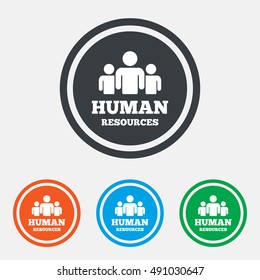 Human resources sign icon. HR symbol. Workforce of business organization. Group of people. Graphic design web element. Flat human resources symbol on the round button. Vector