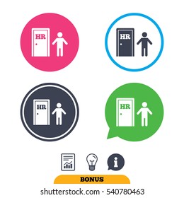 Human resources sign icon. HR symbol. Workforce of business organization. Man at the door. Report document, information sign and light bulb icons. Vector