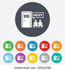 Human resources sign icon. Queue at the HR door symbol. Workforce of business organization. Round colourful 11 buttons. Vector