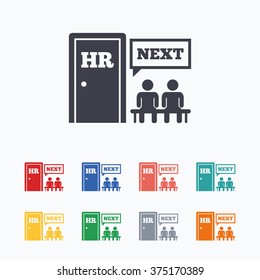 Human resources sign icon. Queue at the HR door symbol. Workforce of business organization. Colored flat icons on white background.