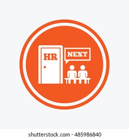 Human resources sign icon. Queue at the HR door symbol. Workforce of business organization. Graphic design element. Flat human resources symbol on the round button. Vector
