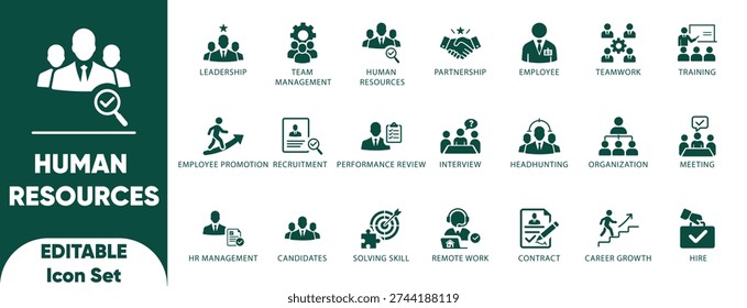 Human resources Solid icon set. leadership, teamwork, human resources, interview, job, management, meeting,and flat vector