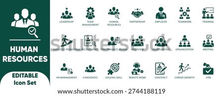 Human resources Solid icon set. leadership, teamwork, human resources, interview, job, management, meeting,and flat vector