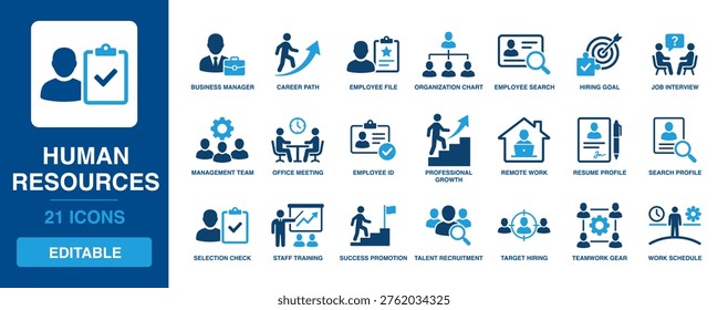 Human Resources solid vector glyph icon set including business manager, career path, employee file, job interview, management team, resume profile, and talent recruitment symbols.