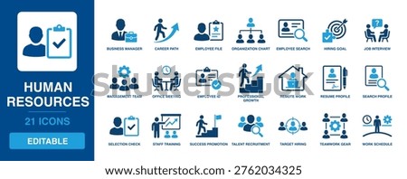 Human Resources solid vector glyph icon set including business manager, career path, employee file, job interview, management team, resume profile, and talent recruitment symbols.