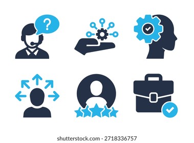 Conjunto de iconos de soluciones de recursos humanos y Asistencia estratégica. Iconos de la serie de glifos sólidos