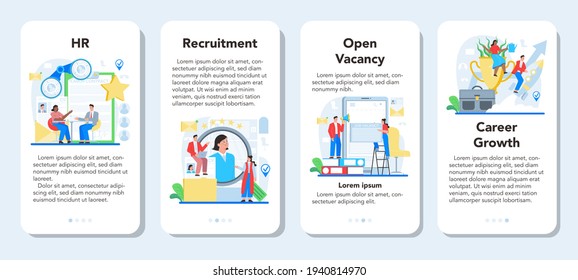 Juego de banners para aplicaciones móviles especializadas en recursos humanos. Idea de reclutamiento