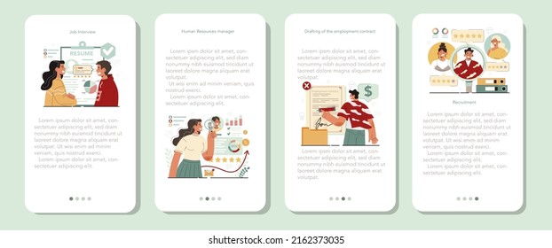 Human resources specialist mobile application banner set. Recruitment and teamwork management. HR manager interviewing a job candidate and drafting an employment contract. Flat vector illustration