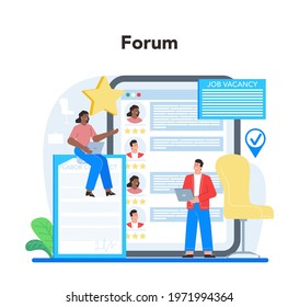 Human Resources Specialist Online Service Or Platform. Idea Of Recruitment And Job Management. HR Manager Interviewing A Job Candidate. Online Forum. Flat Vector Illustration