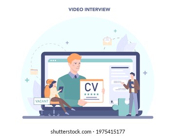 Human resources specialist online service or platform. Idea of recruitment and job management. HR manager interviewing a job candidate. Video interview. Flat vector illustration