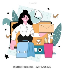 Human resources specialist online service or platform. Recruitment and teamwork management. Headhunter looking for employees. E-mail. Flat vector illustration