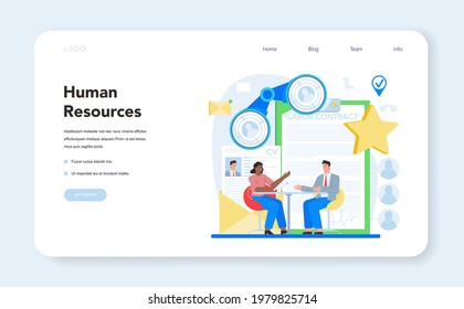 Human resources specialist web banner or landing page. Idea of recruitment and job management. HR manager interviewing a job candidate. Flat vector illustration
