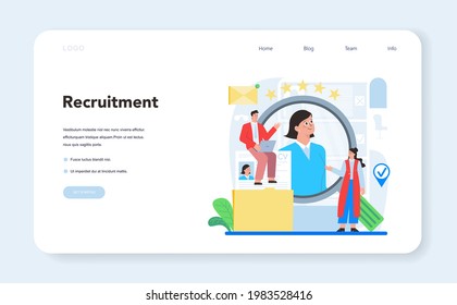 Banner o página de aterrizaje especializado en recursos humanos. Idea de contratación y gestión de empleo. Administrador de recursos humanos entrevistando a un candidato a un puesto de trabajo. Ilustración vectorial plana
