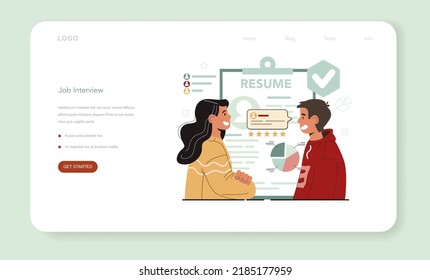 Banner o página de aterrizaje especializado en recursos humanos. Contratación y gestión del trabajo en equipo. Gerente de Recursos Humanos entrevistando a un candidato a un puesto de trabajo y redactando un contrato de trabajo. Ilustración vectorial plana