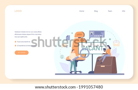Human resources specialist web banner or landing page. Idea of recruitment and job management. HR manager interviewing a job candidate. Flat vector illustration