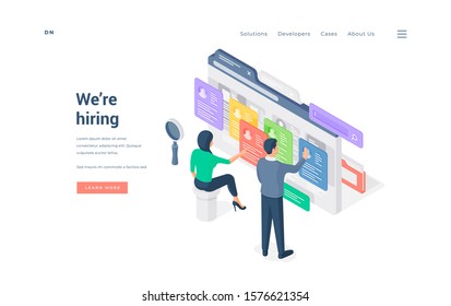 Human resources specialists browsing resumes isometric vector illustration. Man and woman are view of job applicants in internet on recruitment company website page banner template