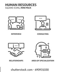 Human resources, square mini icon set. The illustrations are a vector, editable stroke, thirty-two by thirty-two matrix grid, pixel perfect files. Crafted with precision and eye for quality.