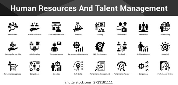 Recursos Humanos e Gestão de Talentos Conjunto coeso de ícones vetoriais minimalistas que representam ideias-chave com clareza visual