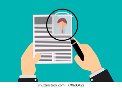 Human resources talent recruiter revises resume with magnifying glass, hands of executive man in suit, vector in flat design