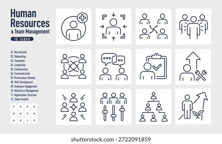 Human Resources and Team Management Line Icons Set of 12
