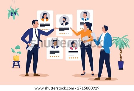 Human resources team reviewing online candidate profile cards with star ratings on a wall, representing job recruitment, hiring new employees, selecting the best applicant, and staff management
