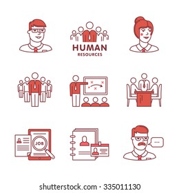 Human Resources, Team Work And Building Signs Set. Thin Line Art Icons. Flat Style Illustrations Isolated On White.