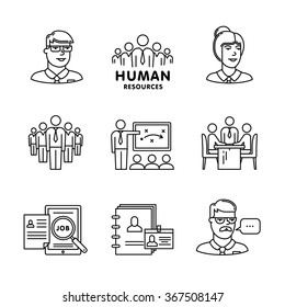 Human resources, team work and building signs set. Thin line art icons. Linear style illustrations isolated on white.