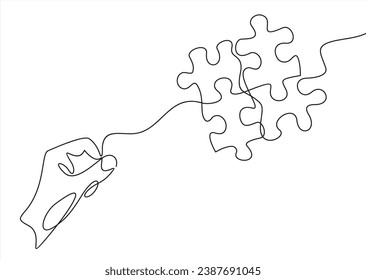 Human resources team work business person hand with puzzle piece thin line Icon - editable stroke.Continuous one line drawing	
