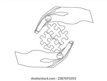 Human resources team work business person hand with puzzle piece thin line Icon - editable stroke.Continuous one line drawing	
