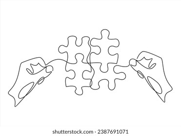 Human resources team work business person hand with puzzle piece thin line Icon - editable stroke.Continuous one line drawing	
