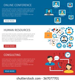 Human resources teams online conferences and consulting website 3 flat interactive banners design abstract isolated vector illustration 