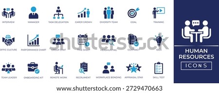 Human resources and teamwork solid icon set. Resume, employee, career growth teamwork, job interview, Featuring HR, hiring, feedback, skills, and training. Ideal for apps, UI, and business us.