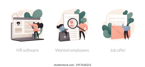 Human resources technology abstract concept vector illustration set. HR software, wanted employees, job offer, working time tracker, we are hiring, staff wanted, permanent contract abstract metaphor.