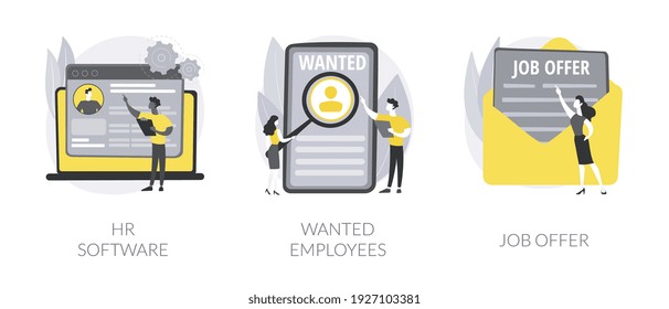 Human resources technology abstract concept vector illustration set. HR software, wanted employees, job offer, working time tracker, we are hiring, staff wanted, permanent contract abstract metaphor.